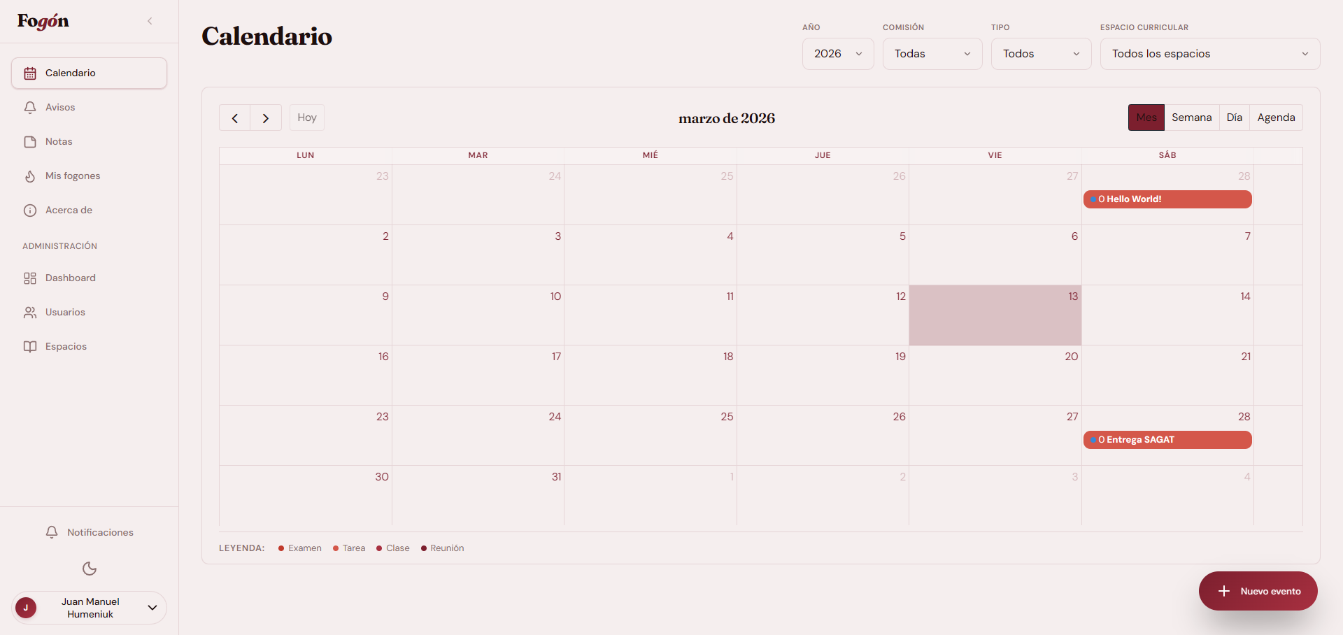 Vista del calendario en Fogón